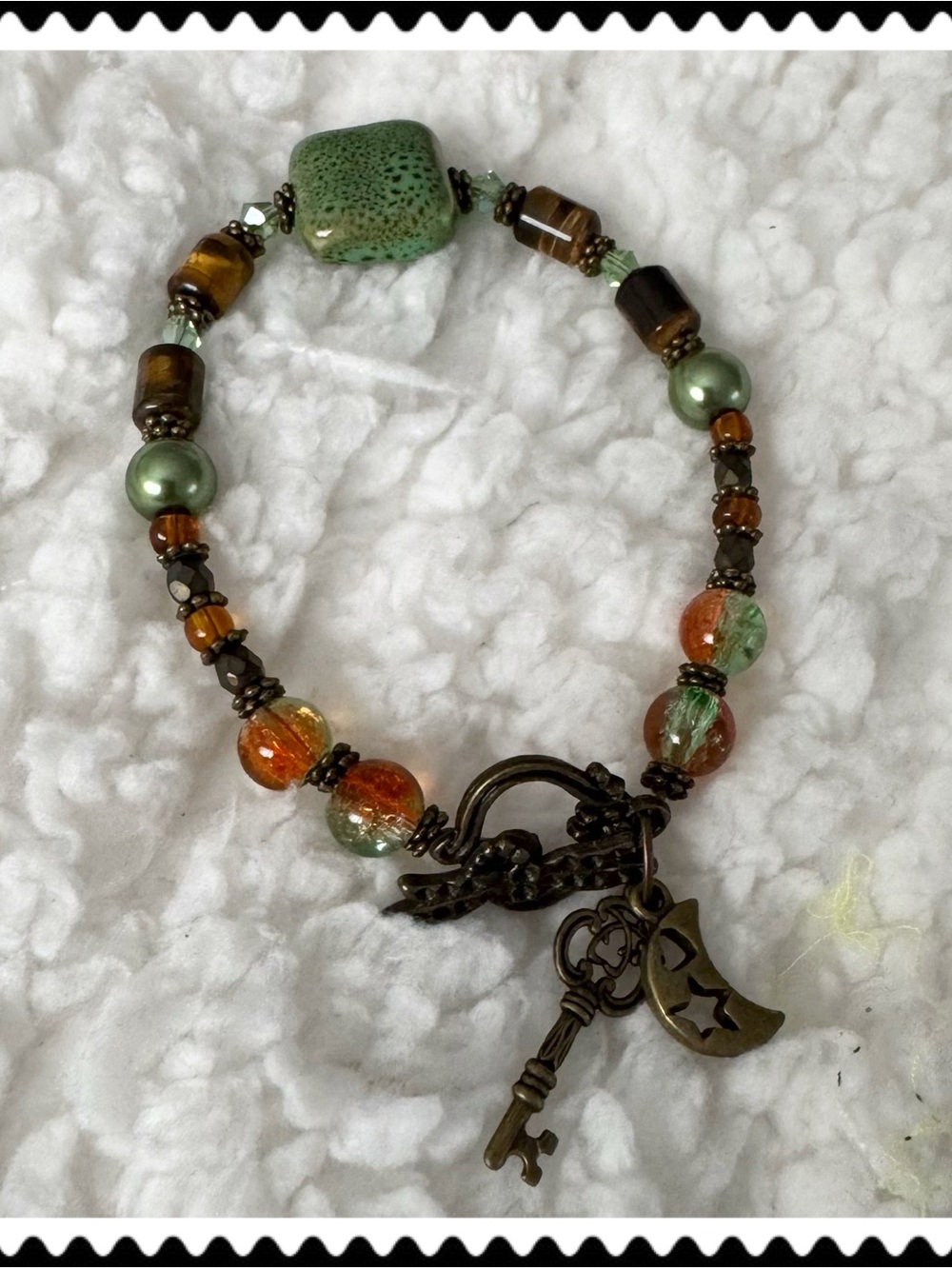 Green Ceramic Focal Bead and Tiger Eye Wire Strung Bracelet